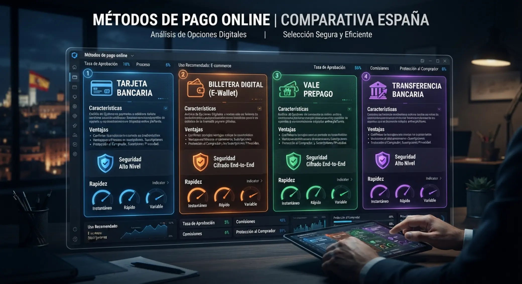 Métodos de pago online: comparativa general Comparativa visual de métodos de pago digitales con enfoque en seguridad y rapidez