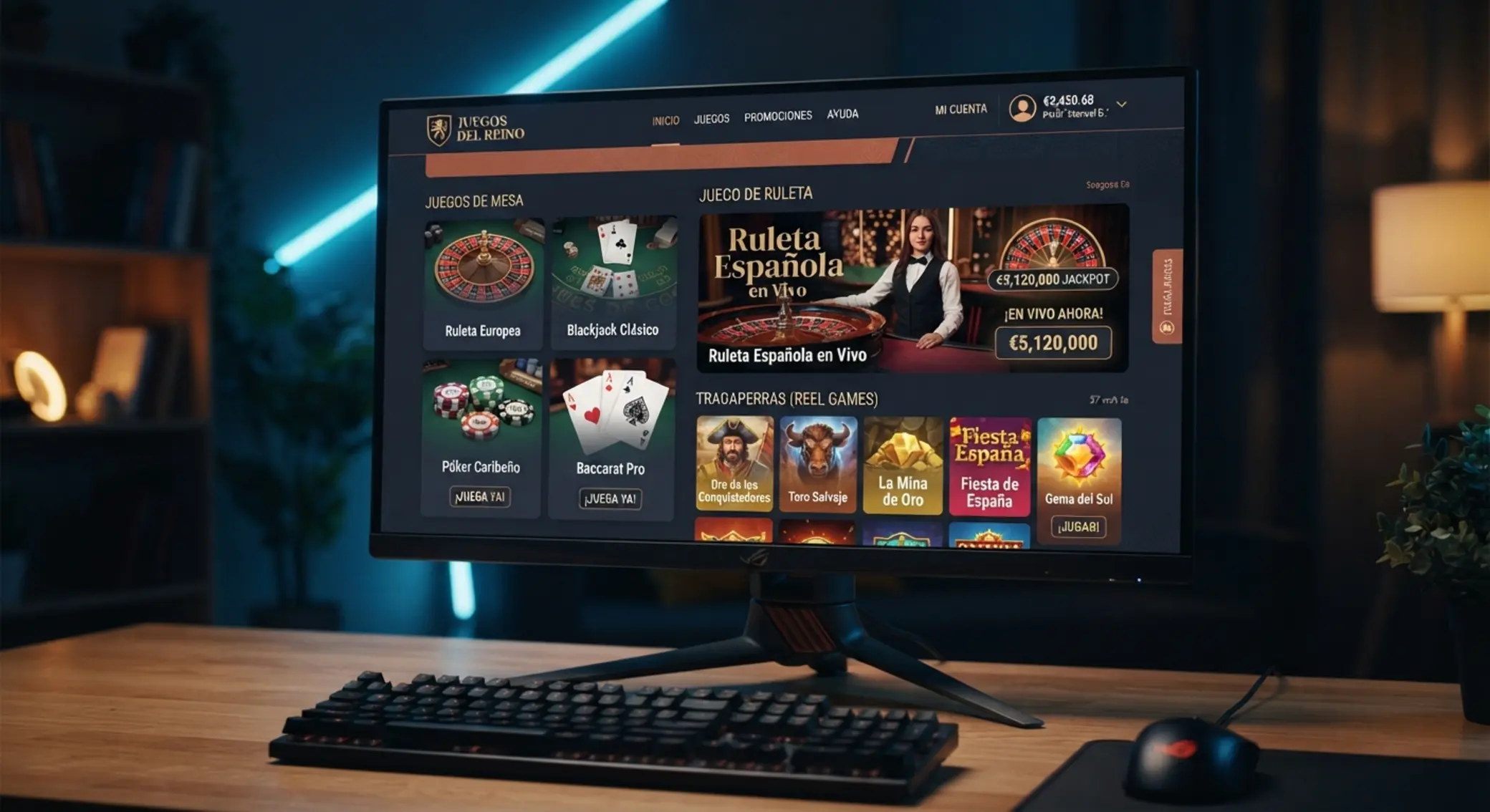 Vista general de un casino online en España Interfaz genérica de plataforma online en España con secciones de ruleta y slots