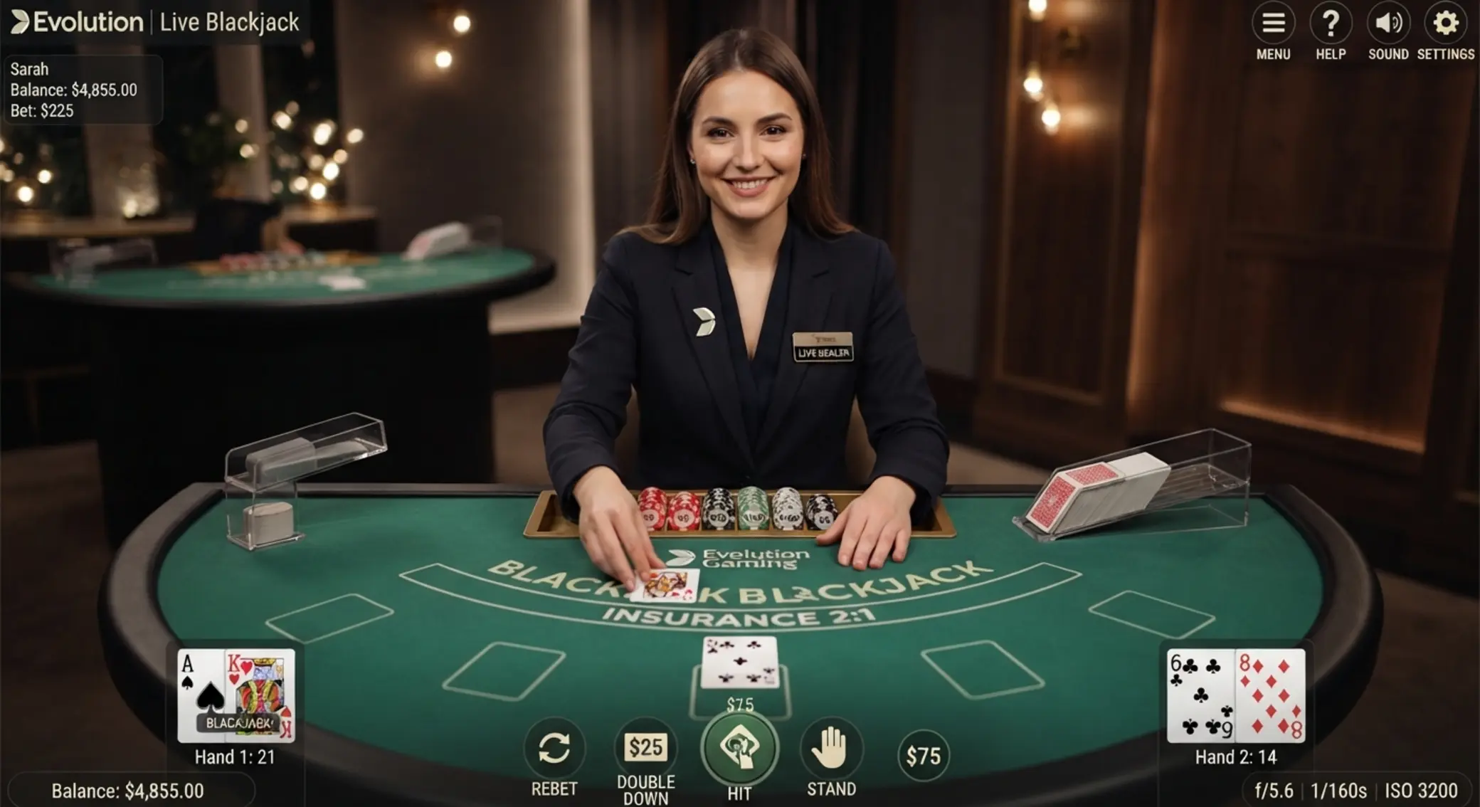 Live blackjack en casino online Mesa de blackjack en vivo con interfaz digital