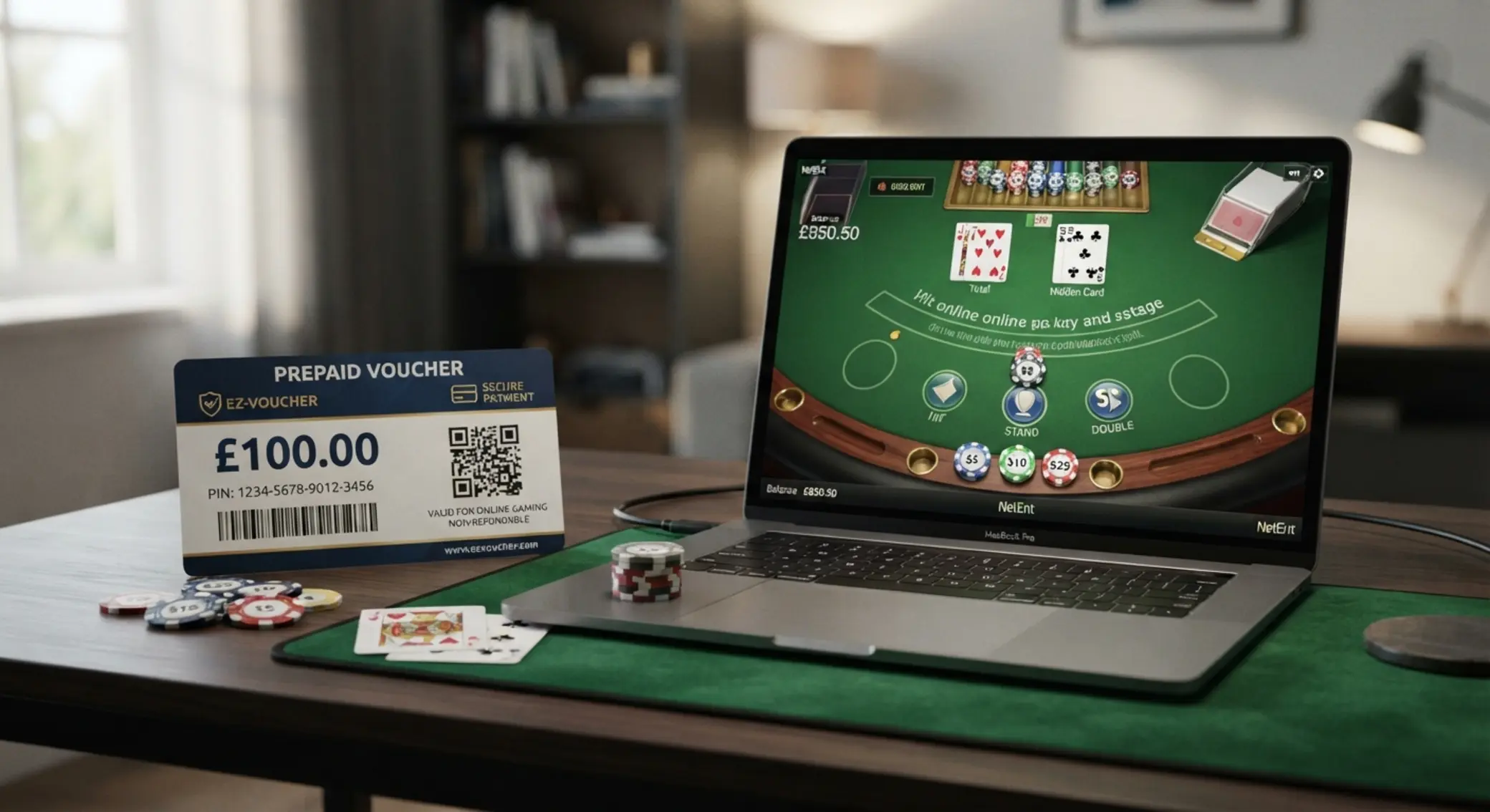 Paysafecard en entorno de blackjack online Vale prepago junto a una mesa de blackjack online