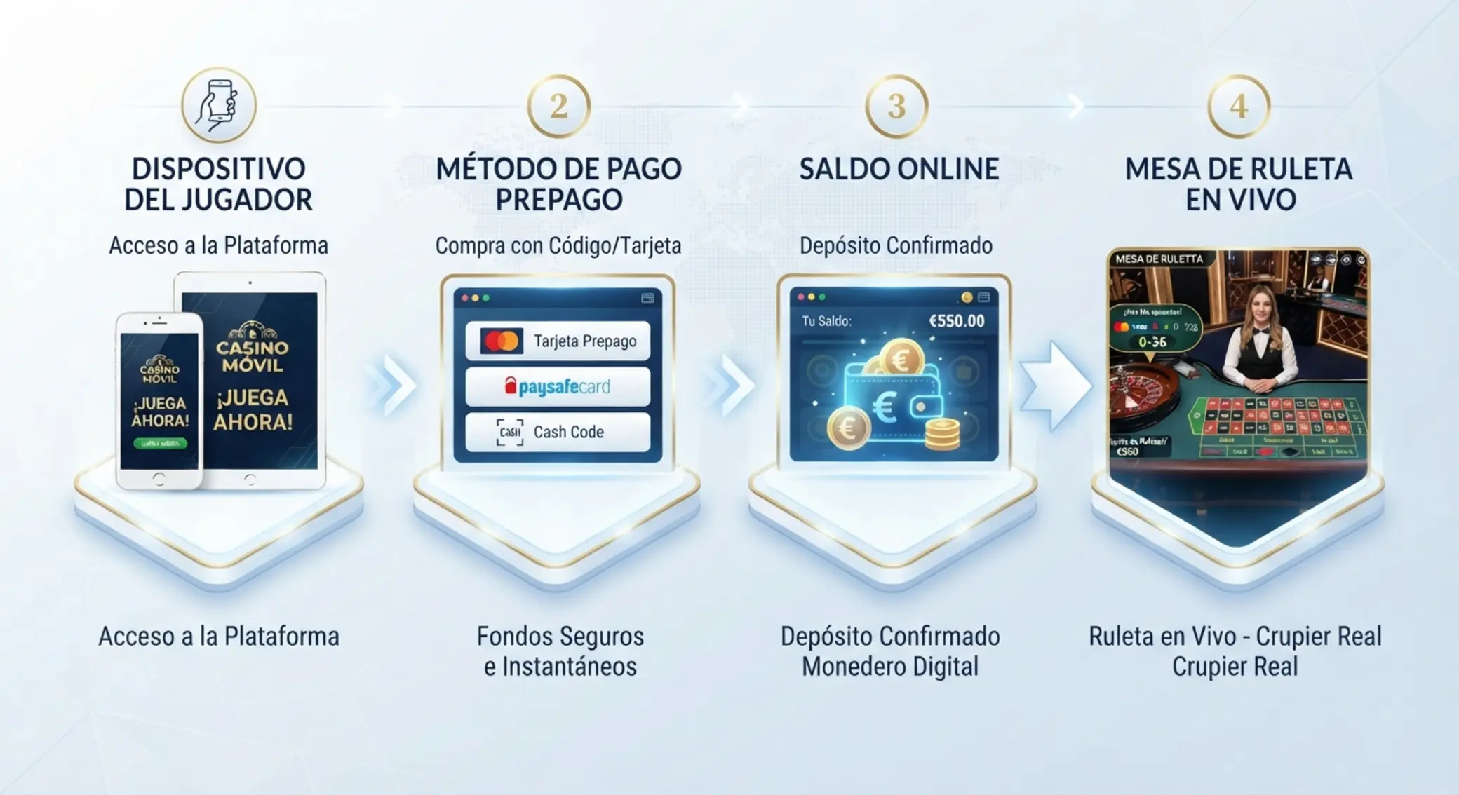 Flujo de depósito con Paysafecard Esquema de depósito desde Paysafecard al saldo del casino y mesa en vivo