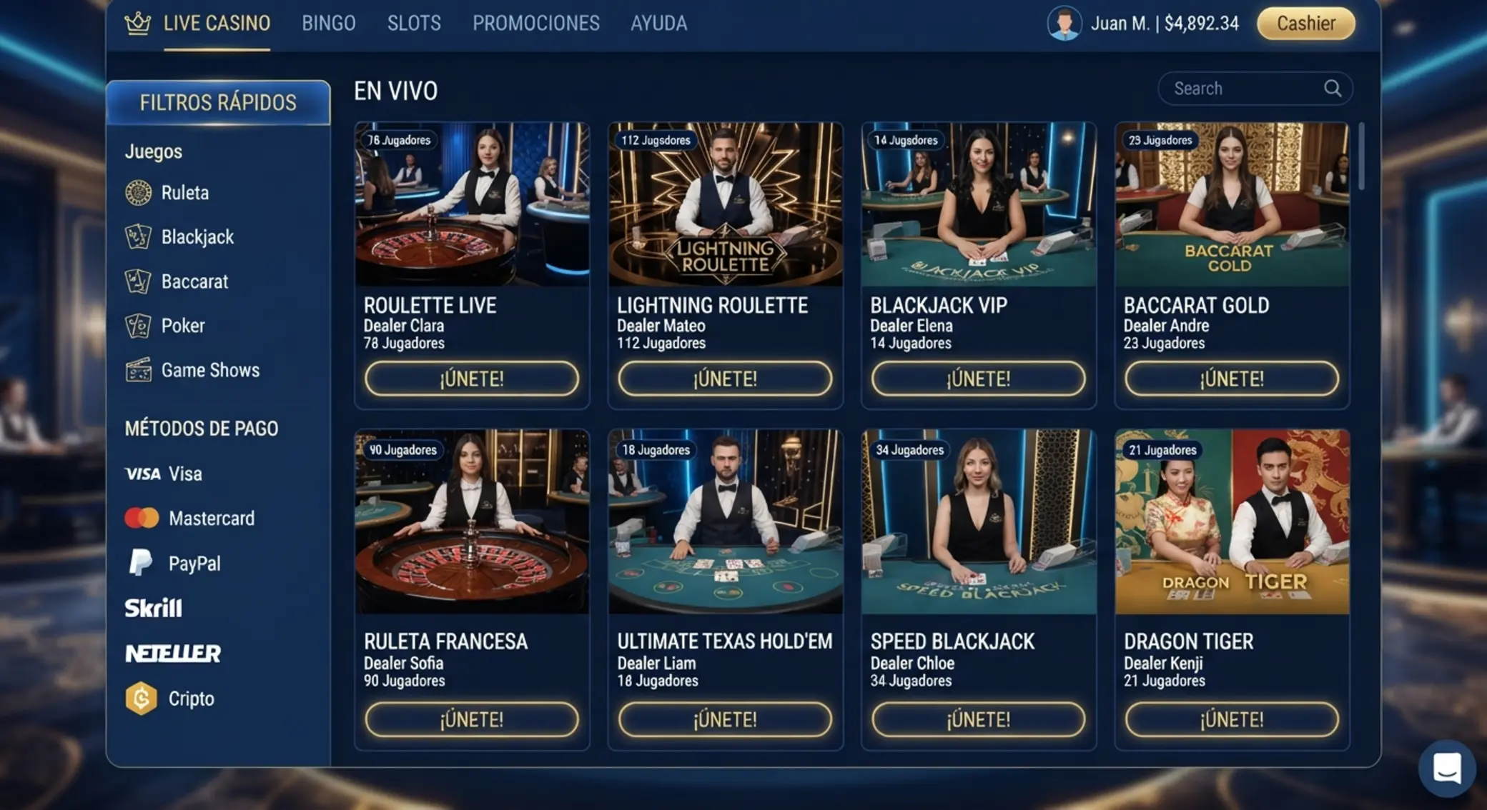 Lobby de juegos en vivo con filtros de pago Lobby de casino en vivo con varias mesas y filtros de pago