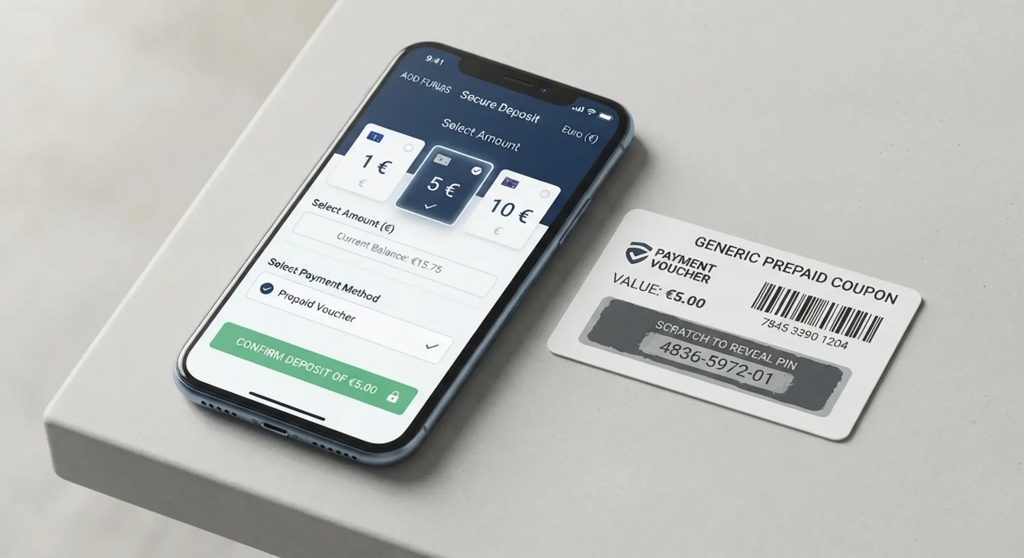 Depósito mínimo con Paysafecard Pantalla de depósito mínimo con cupón prepago y cantidades pequeñas