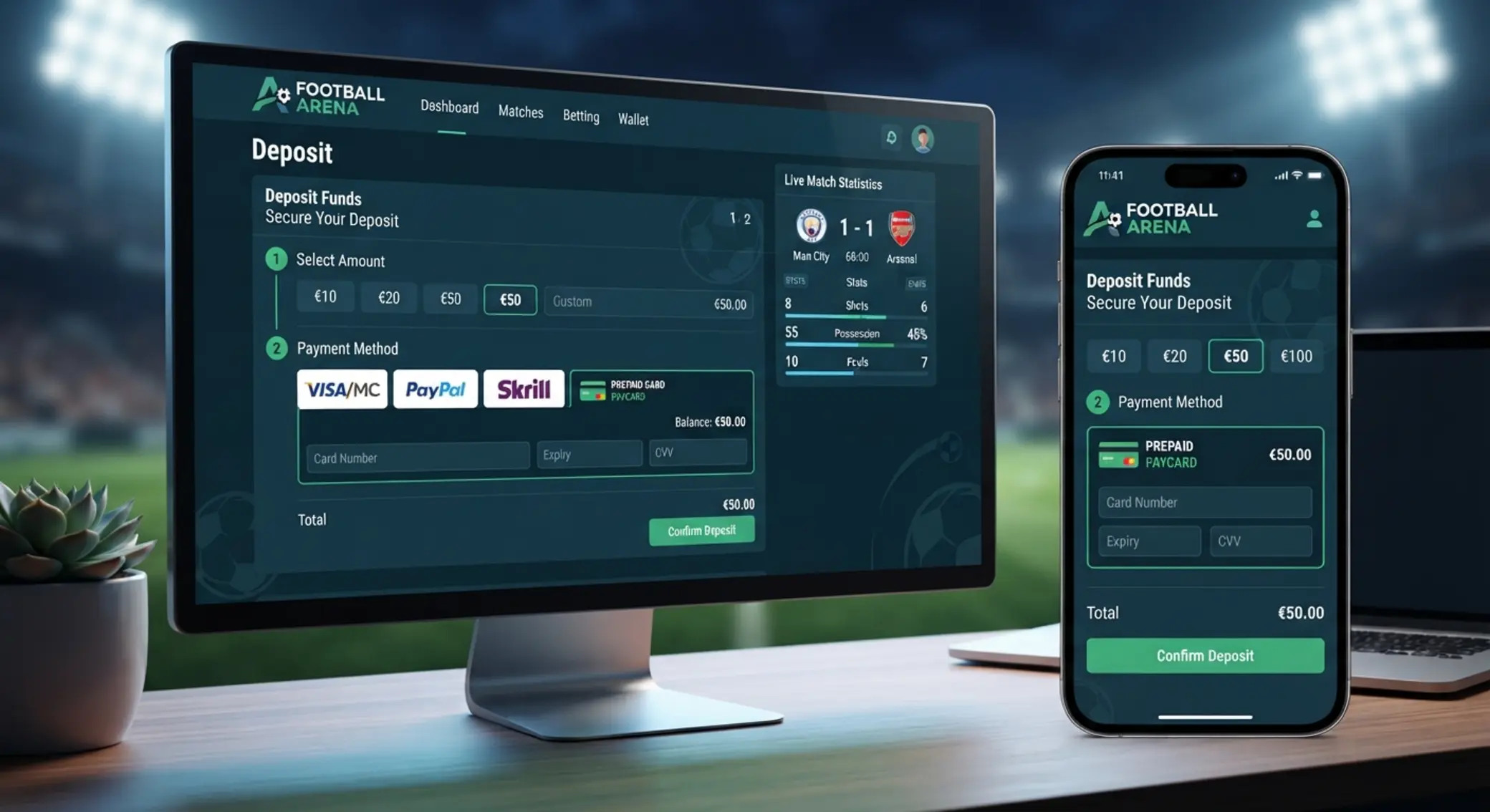 Pantalla de depósito con Paysafecard en una casa de apuestas de fútbol