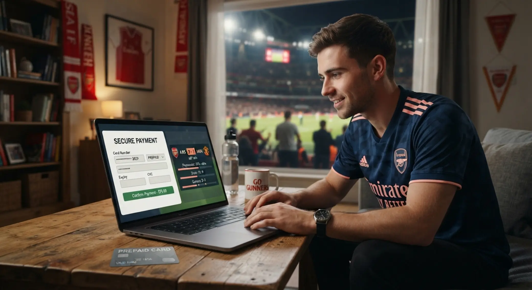 Usuario haciendo una apuesta de fútbol online con método prepago y estadio al fondo