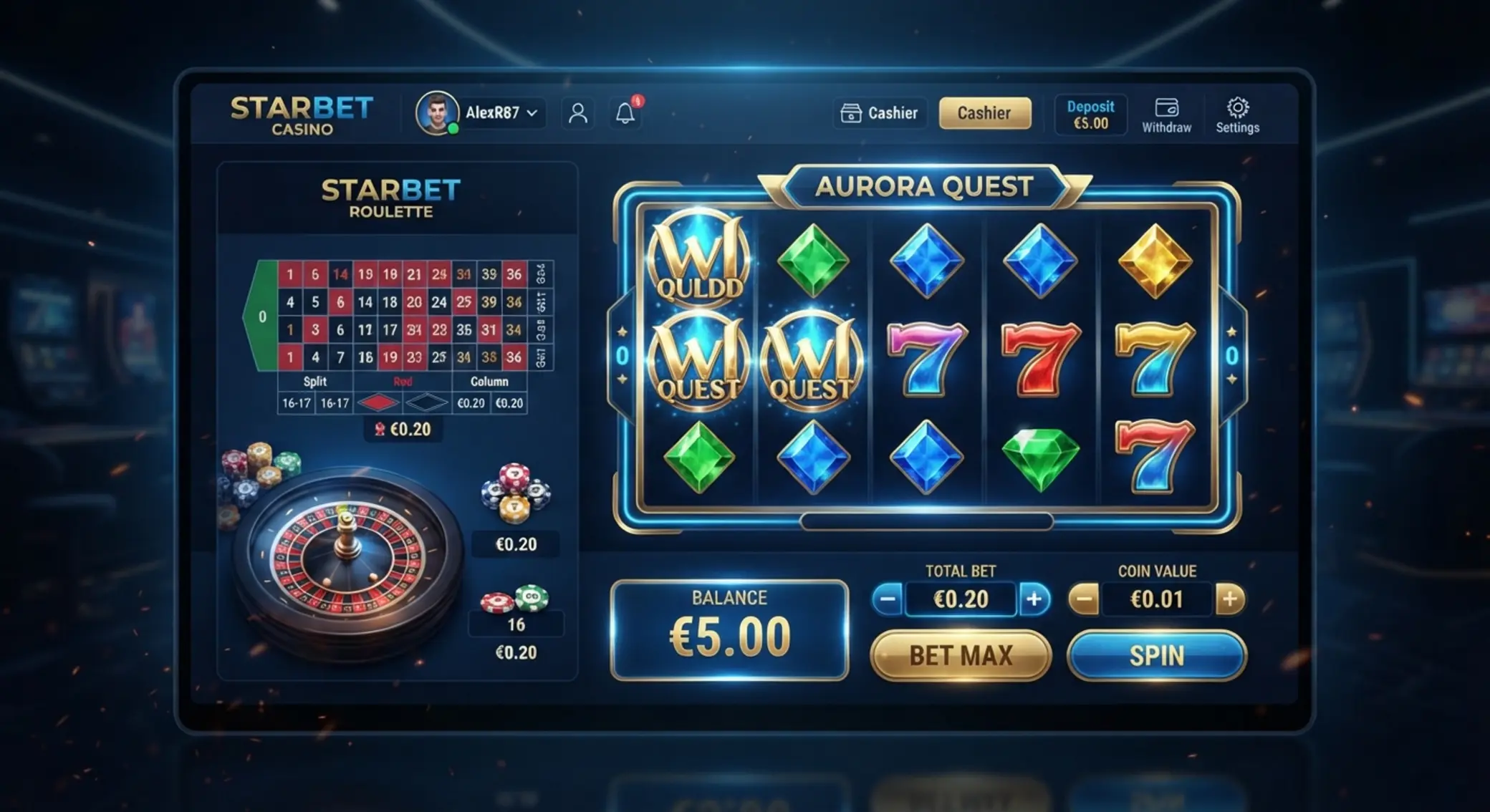 Juegos recomendados para depositar 5 euros Interfaz de slots y ruleta con apuestas bajas y saldo de 5 euros