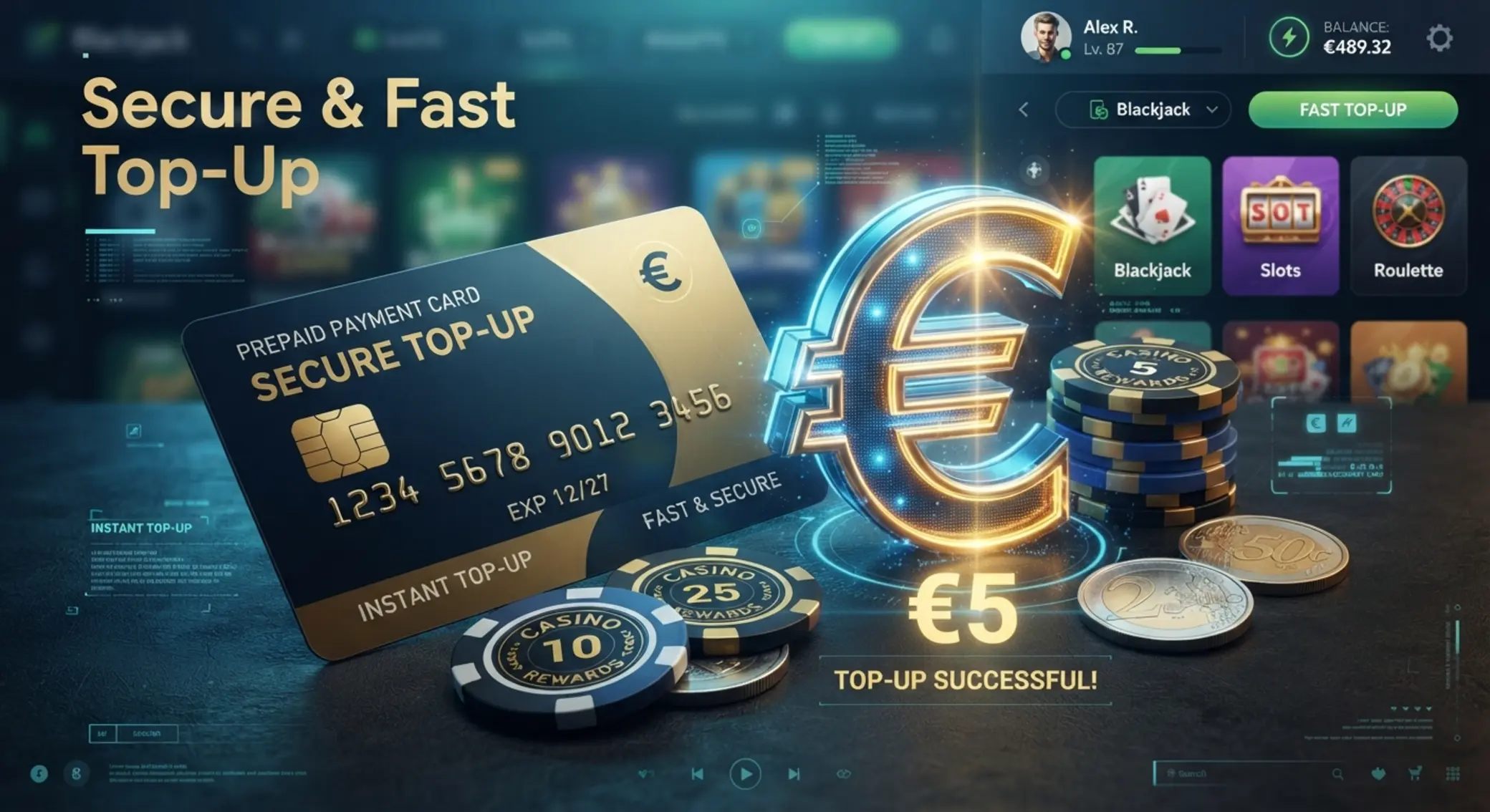 Depósito bajo con Paysafecard de 5 euros Paysafecard y fichas con símbolo de 5 euros para depósito rápido y seguro