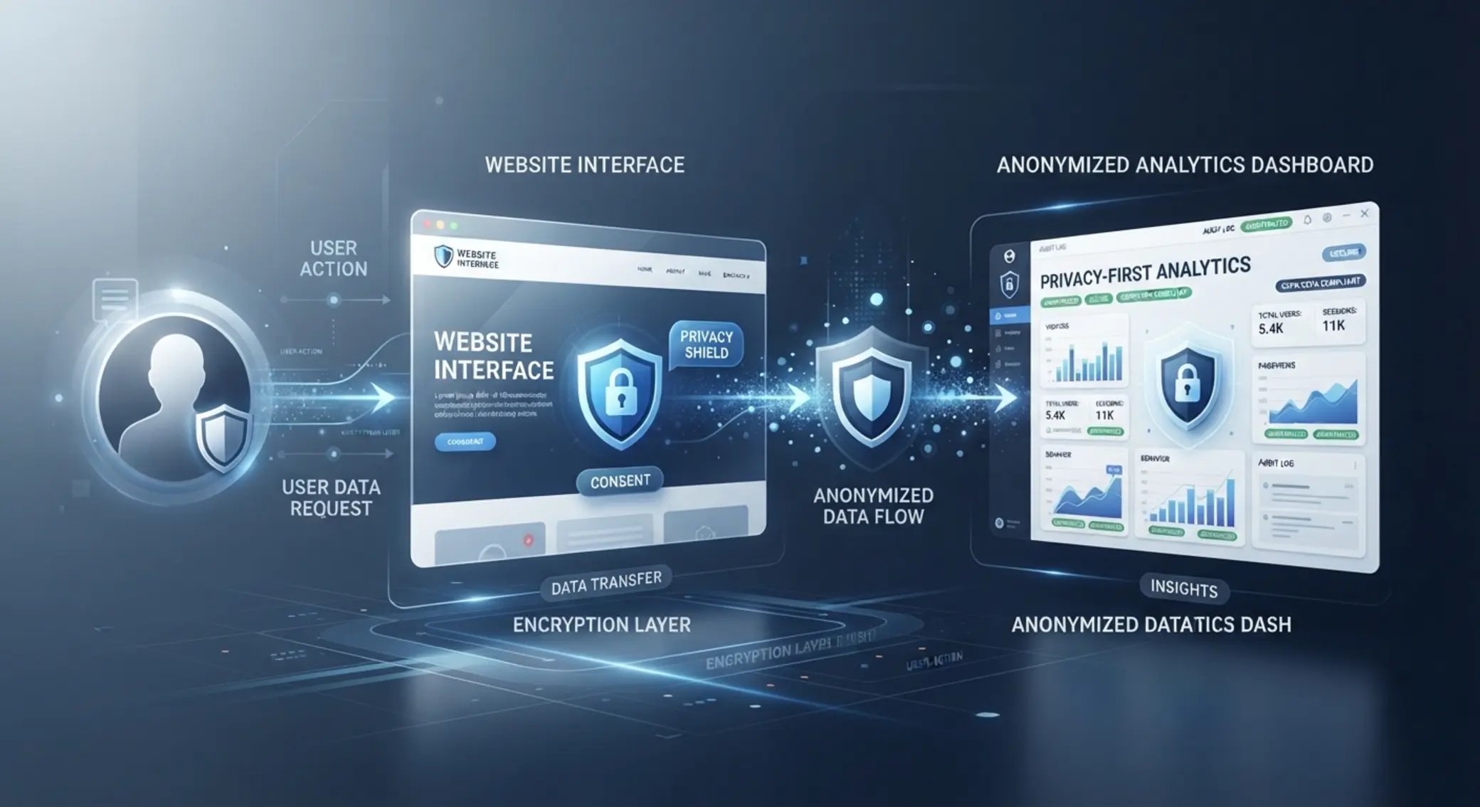 Flujo de datos y análisis anónimo en el sitio Esquema de tratamiento de datos en un sitio informativo sobre Paysafecard