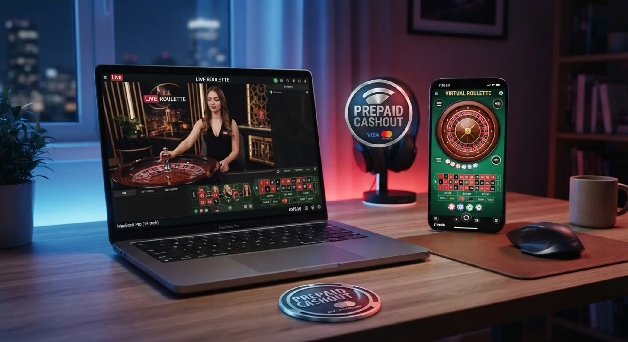 Modalidades de ruleta online compatibles con depósito prepago Diferentes tipos de ruleta online en portátil y móvil con icono de pago prepago