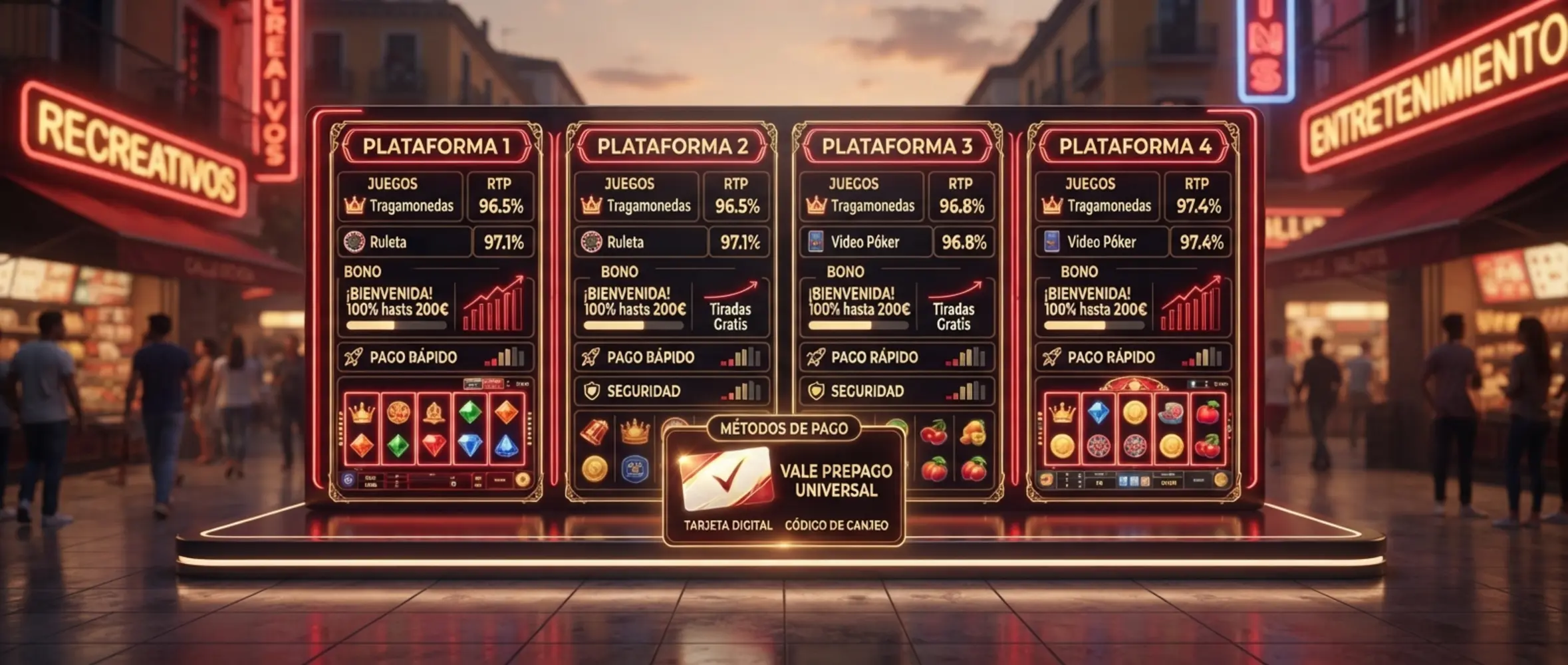 Comparar sitios para jugar slots con Paysafecard Comparativa visual de reels de slots con icono de tarjeta prepago