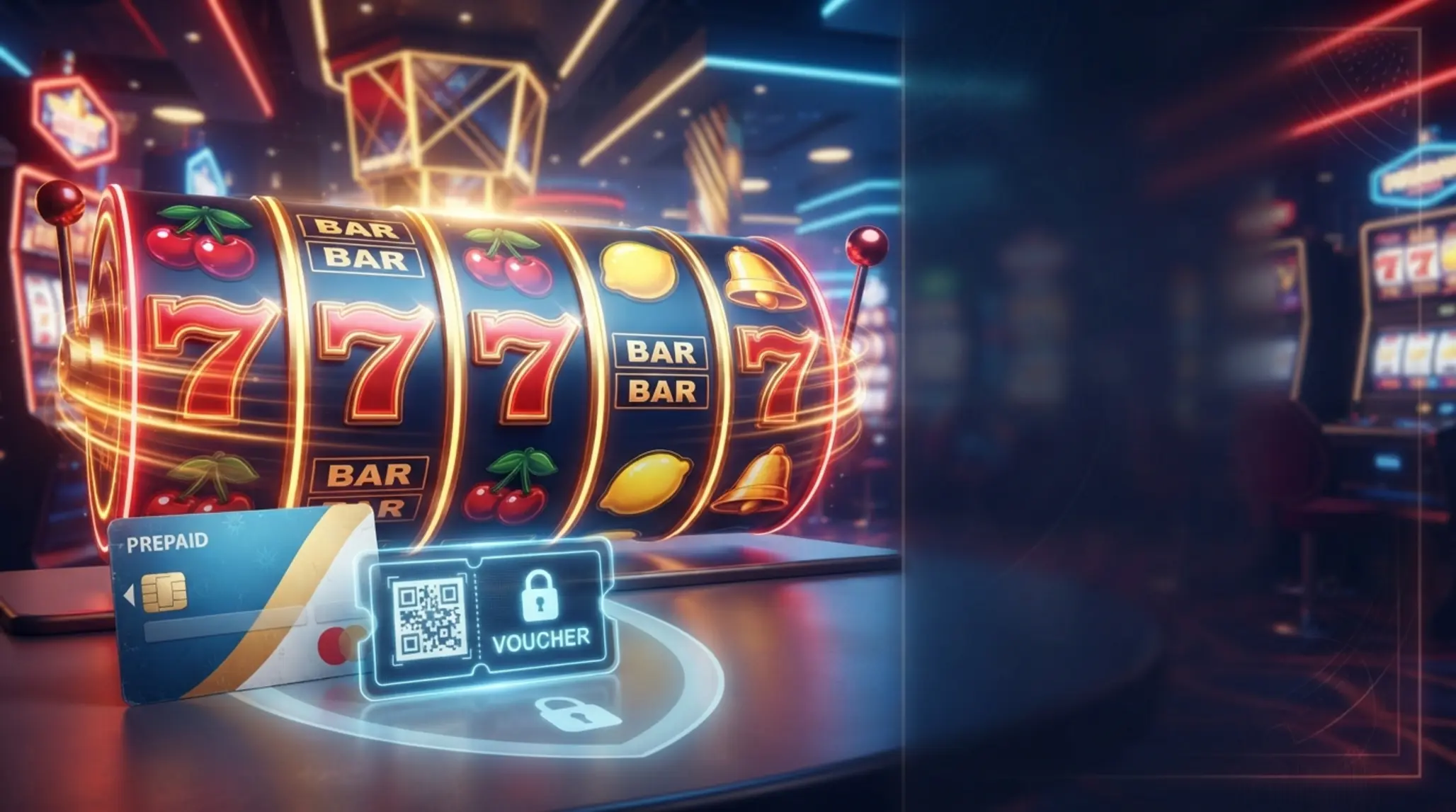 Banner de slots online con Paysafecard en España Carretes de tragaperras clásicos y tarjeta prepago digital en un banner sobre Paysafecard en España
