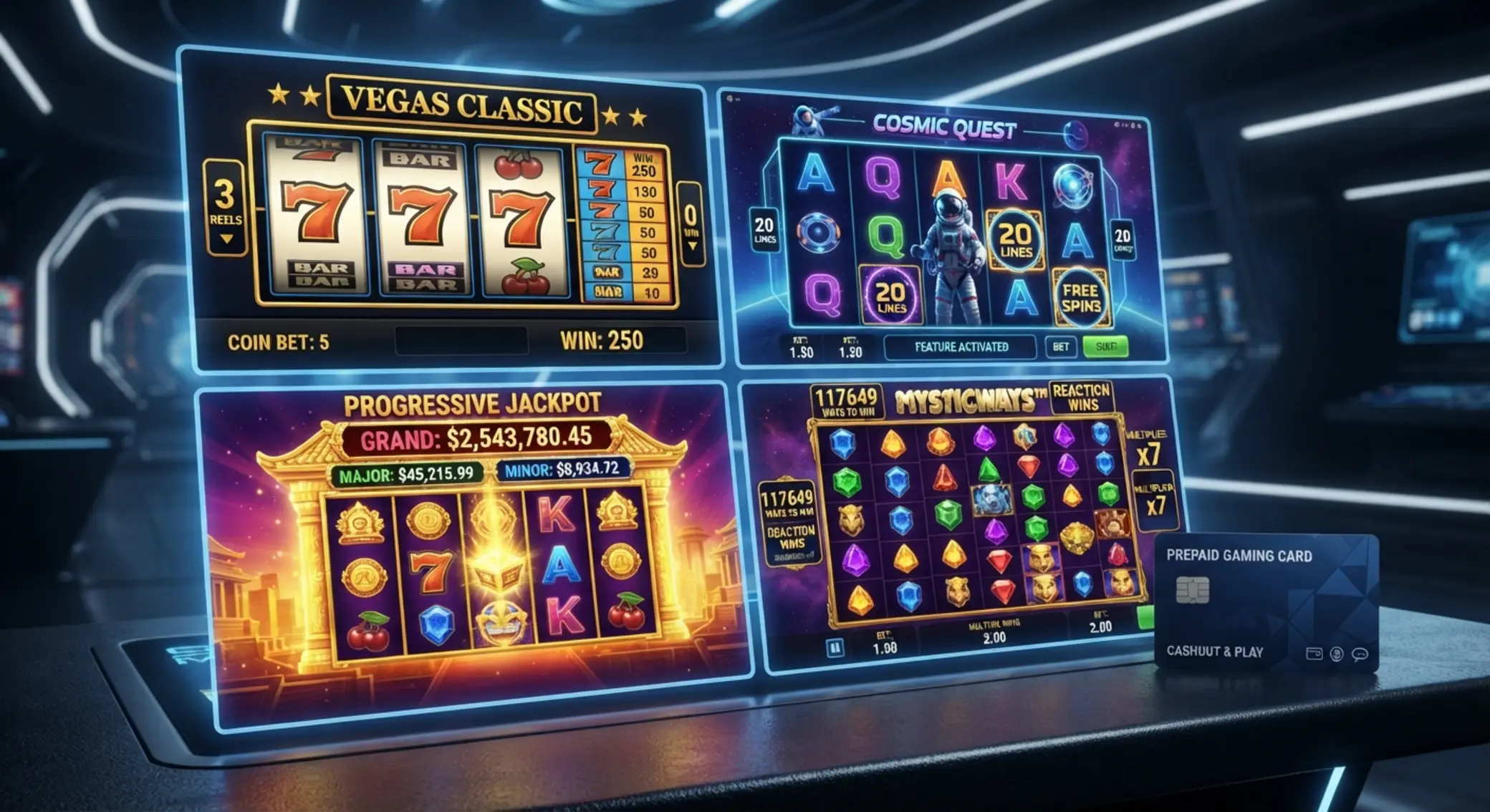 Tipos de slots para usar con Paysafecard Distintos tipos de slots con una tarjeta prepago al lado